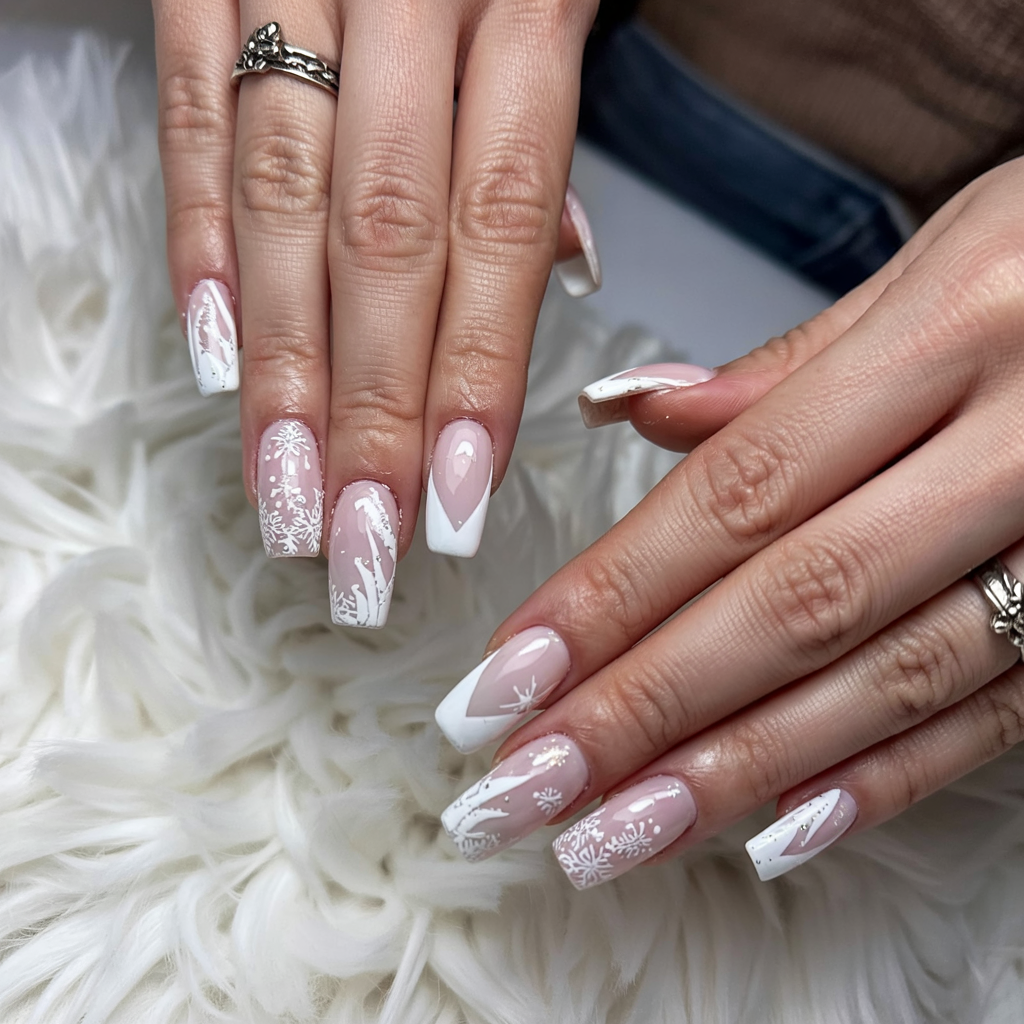 Nude French Manicure with Snowflake Accents neutral Christmas nail design