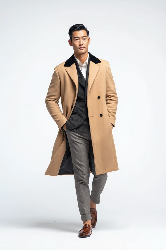 Grey Tonal Layers Under a Tan Overcoat men's winter outfit