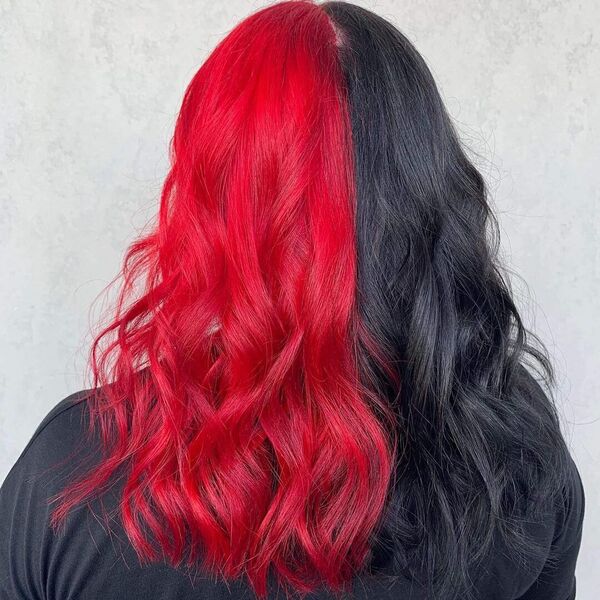 Half red half black two tone wavy hair