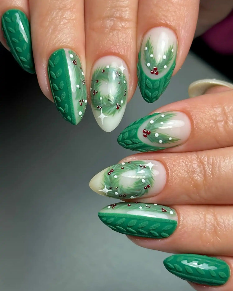 Holly and Wreath Nails in Deep Green vintage Christmas nail design