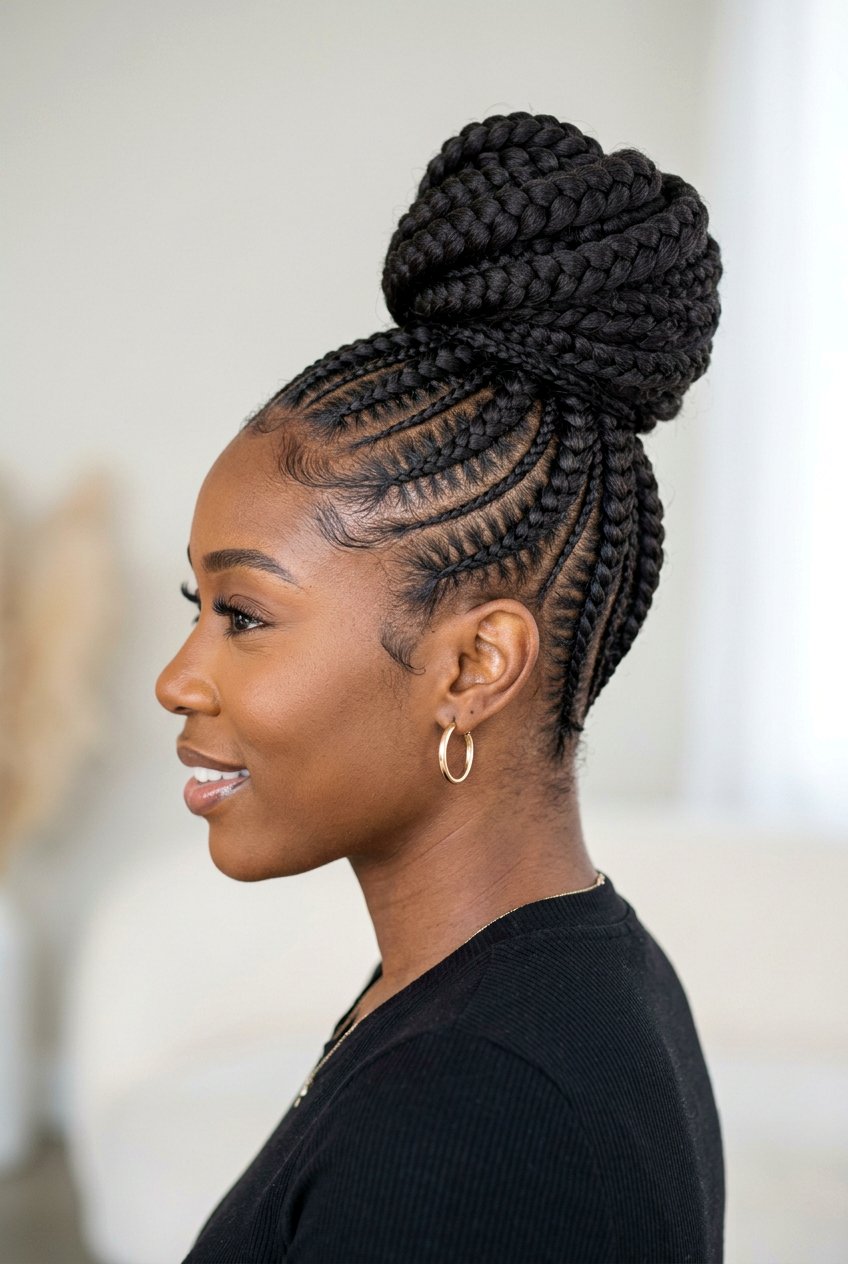 Cornrows Swept Into a High Bun Christmas hairstyle