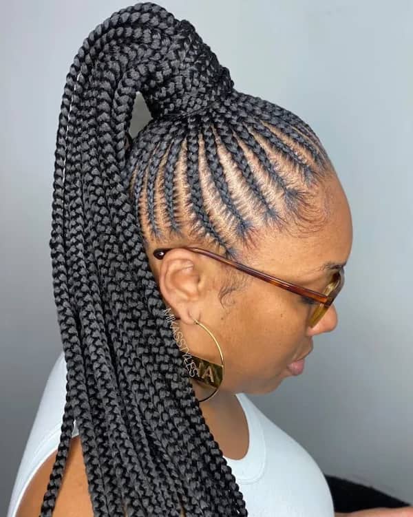 Cornrows swept back into a thick braided ponytail braided style