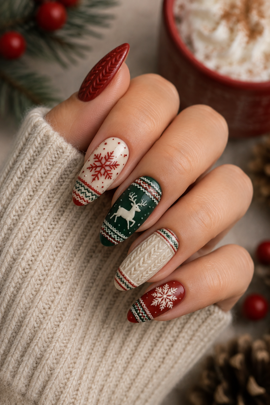 Cozy Holiday Sweater Nails festive Christmas nail art