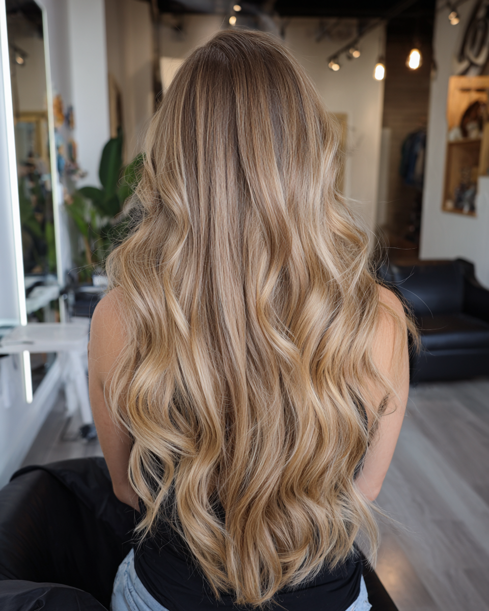 Long honey blonde hair with soft loose body waves