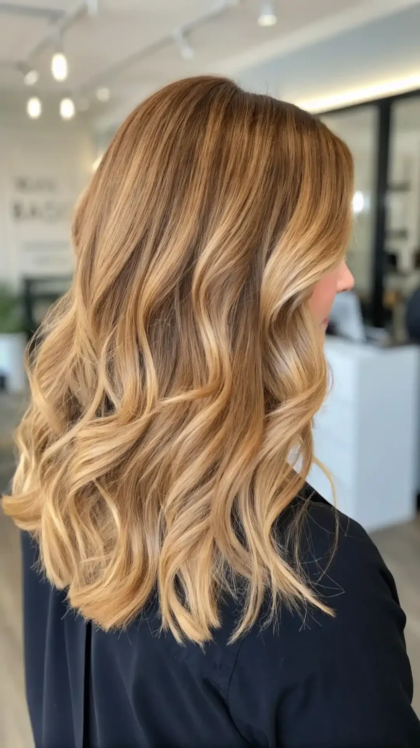 Honey blonde wavy hair with soft body waves