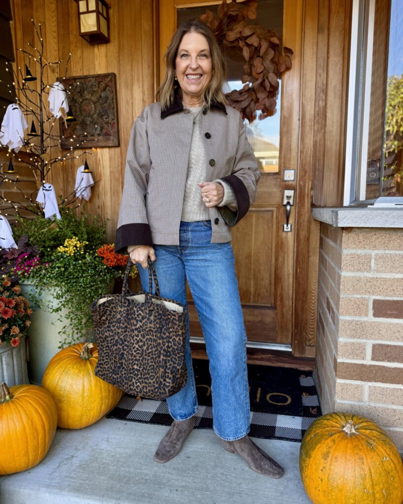 Plaid jacket with jeans, suede boots and a leopard tote
