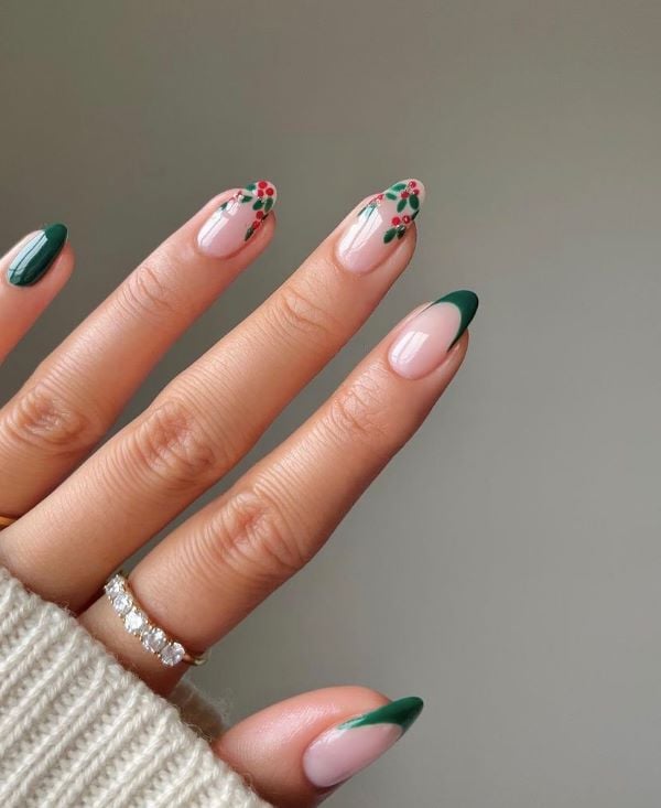 Holly Berry French Tips for a Traditional Finish almond Christmas nail manicure