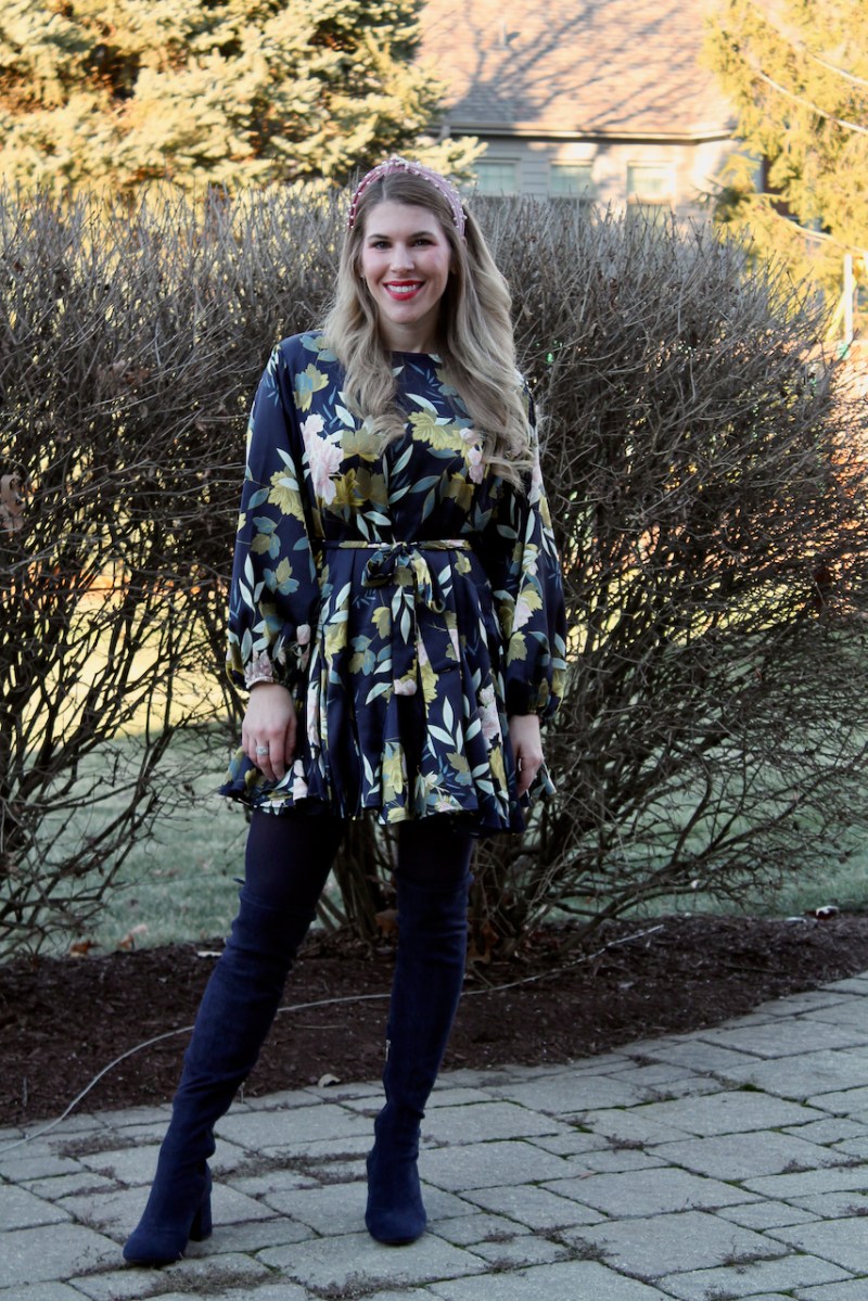 Navy Floral Dress With Balloon Sleeves and Over-the-Knee Boots dinner dress