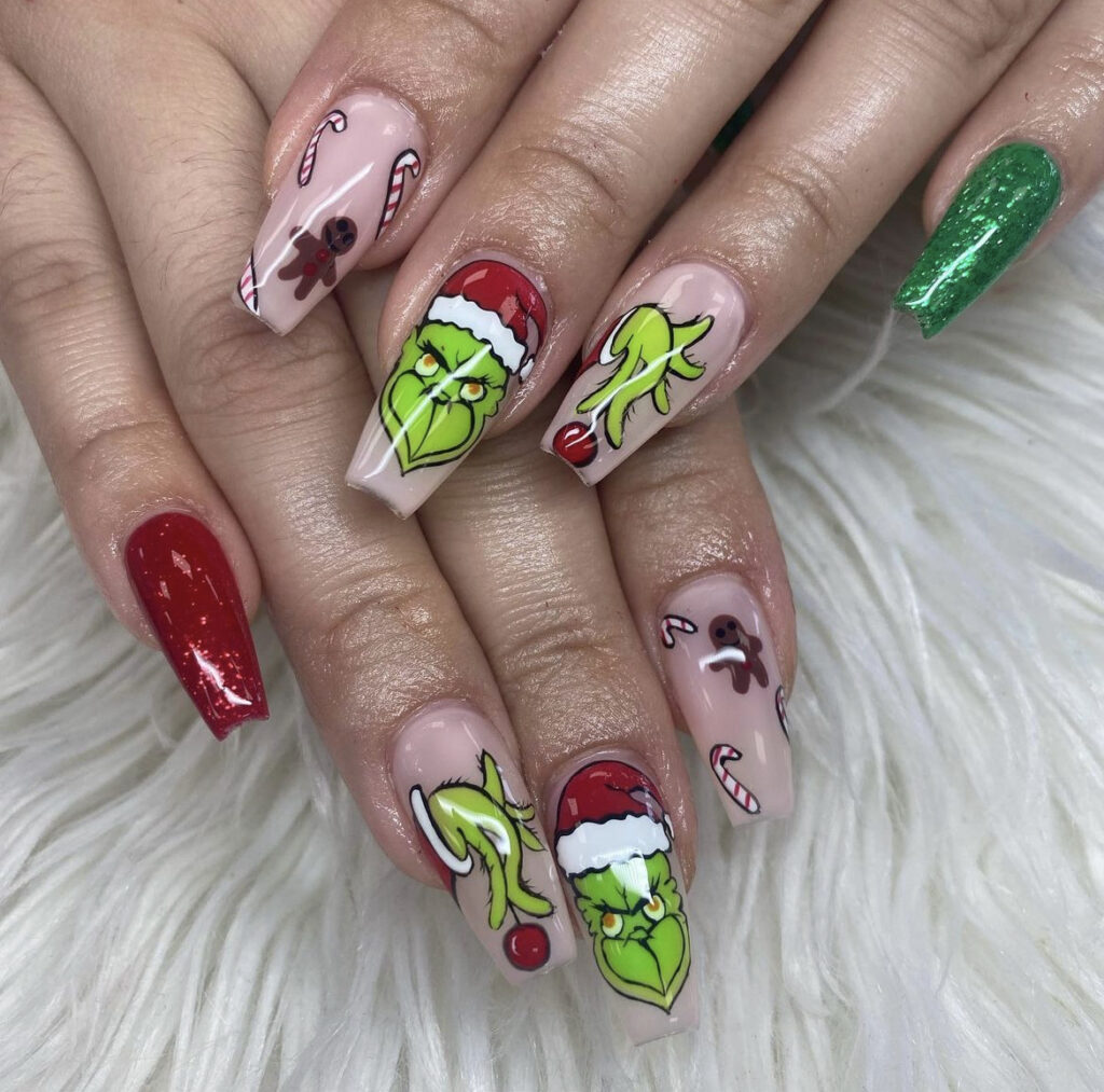 Close-Up Grinch Scowl grinch christmas nail design