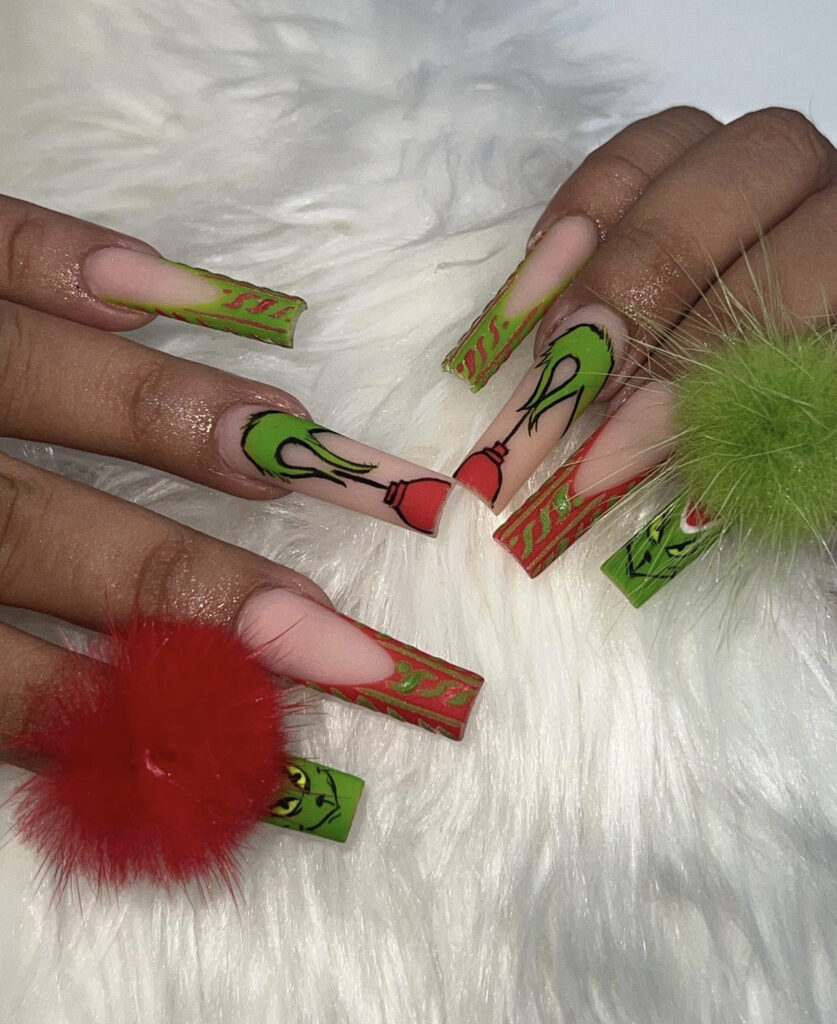 Red and Green Pom-Pom Grinch Nails grinch christmas nail design