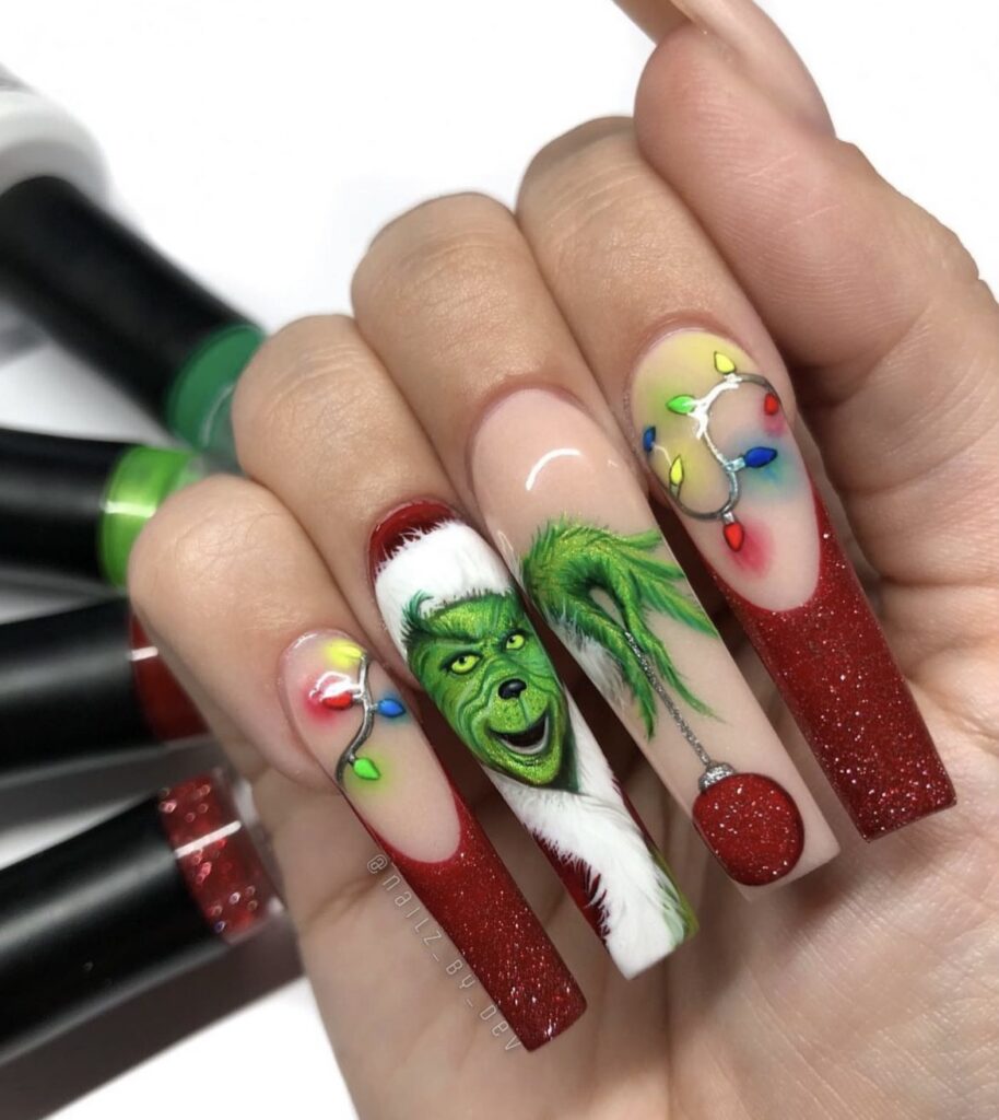 Long 3D Grinch Nails grinch christmas nail design