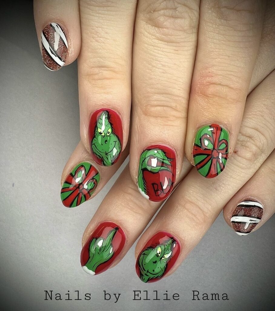 Gift-Inspired Grinch Nails grinch christmas nail design
