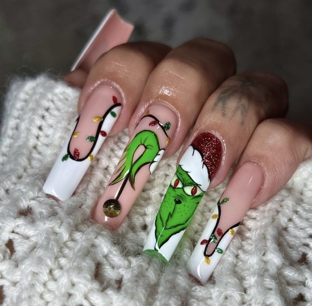 Festive Grinch Set in Pink and Green grinch christmas nail design
