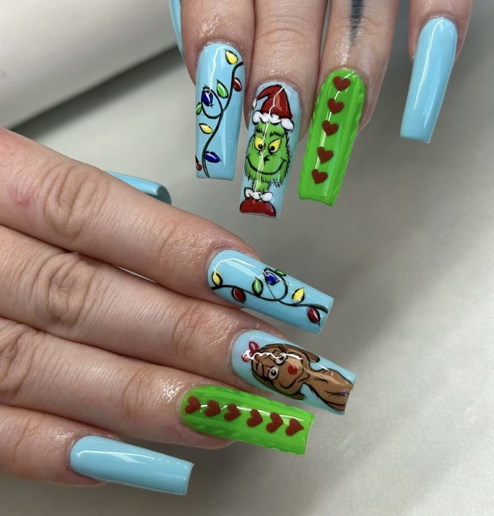 Blue-Tinted Grinch Nails grinch christmas nail design