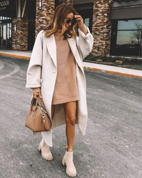 Sweater Dress Layered Under a Long Coat styling dress idea