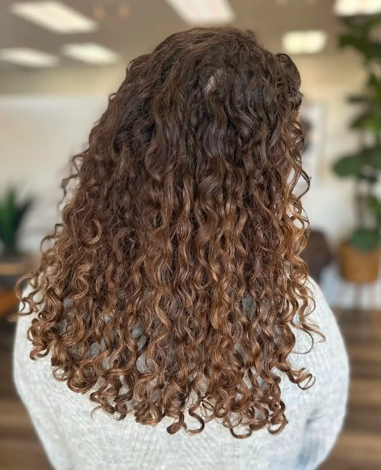 Cinnamon brown curly hair with defined warm curls