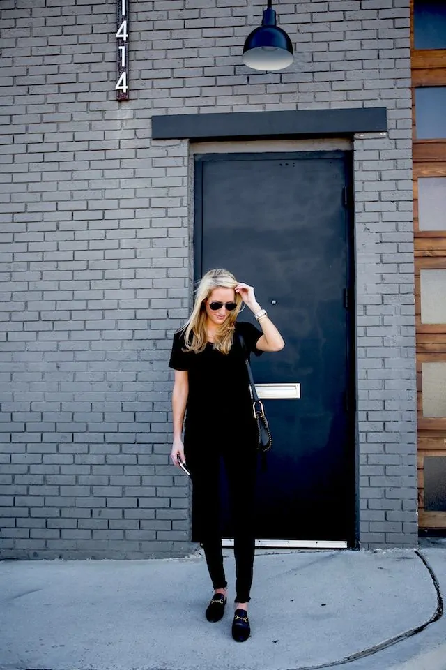 Black loafer mules with a simple black midi dress