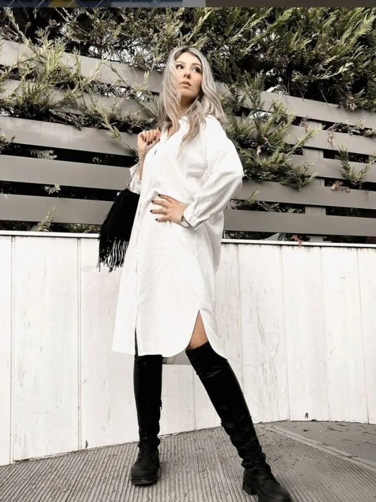 A White Shirt Dress With Over-the-Knee Boots edgy outfit