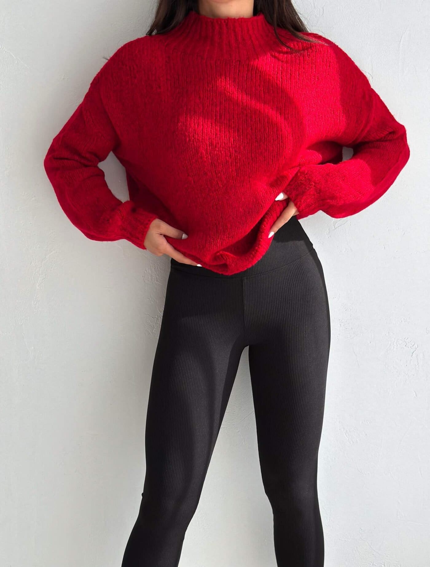 Oversized Red Sweater With Black Leggings christmas party outfit