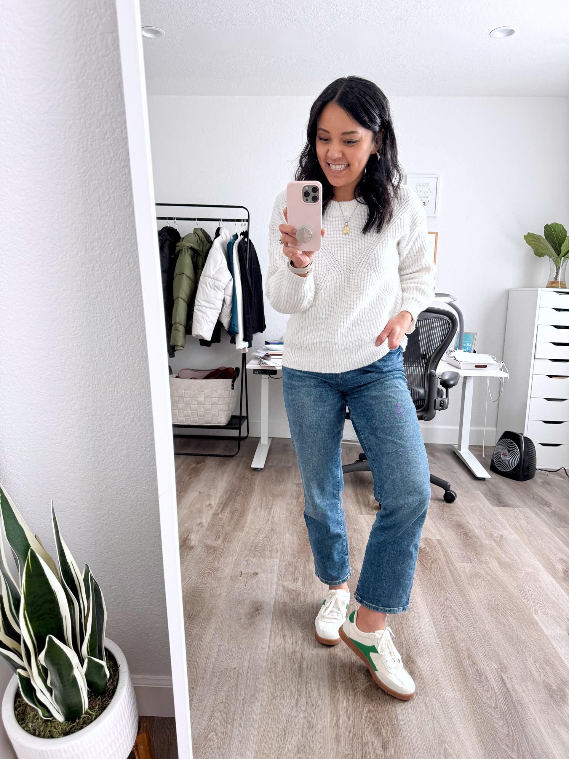 Neutral Sweater with Straight Jeans and White Sneakers cute jeans outfit