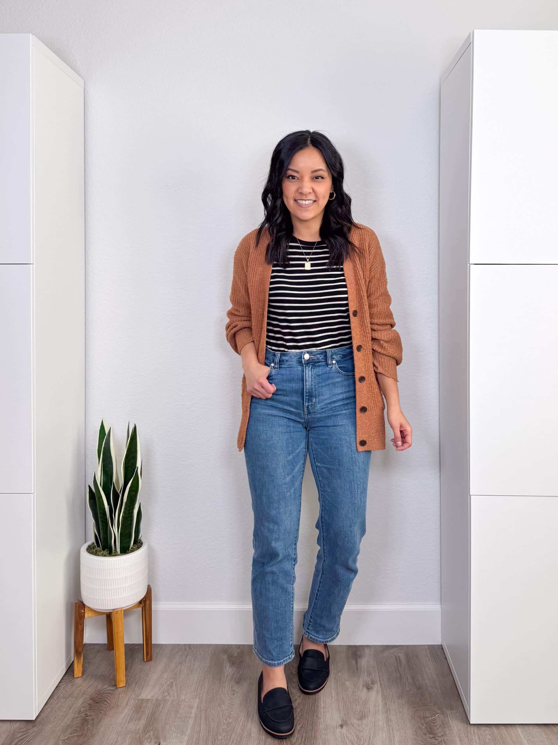 Striped Tee with a Tan Cardigan and Black Loafers cute jeans outfit