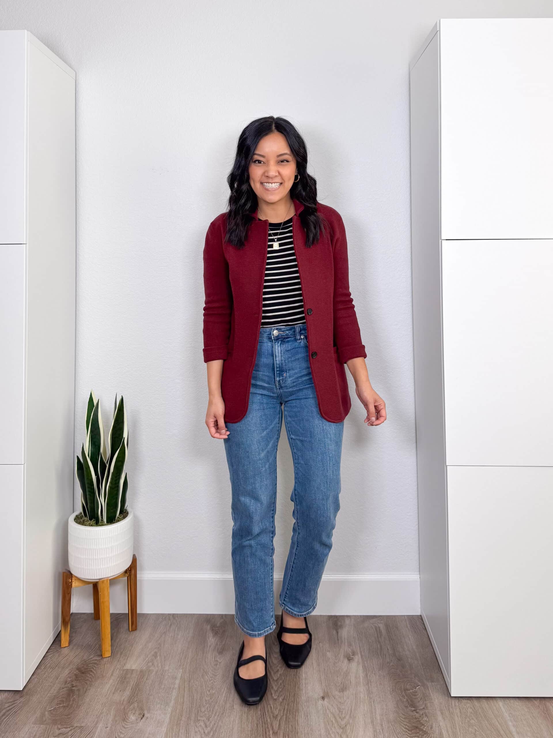 Burgundy Sweater Blazer with a Striped Tee and Mary Janes cute jeans outfit