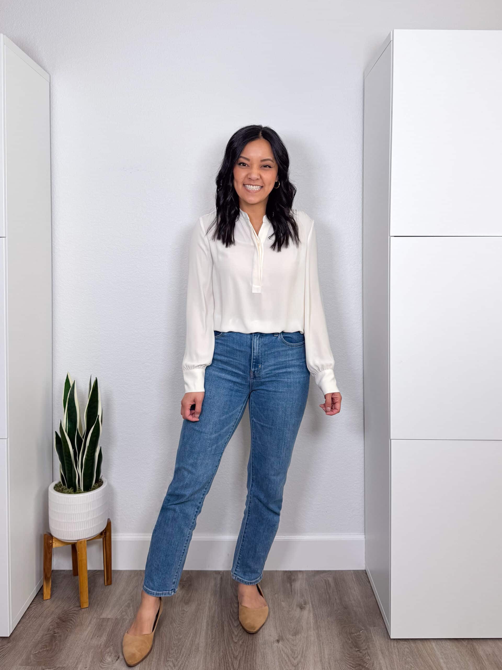 White Blouse with Straight Jeans and Tan Flats cute jeans outfit