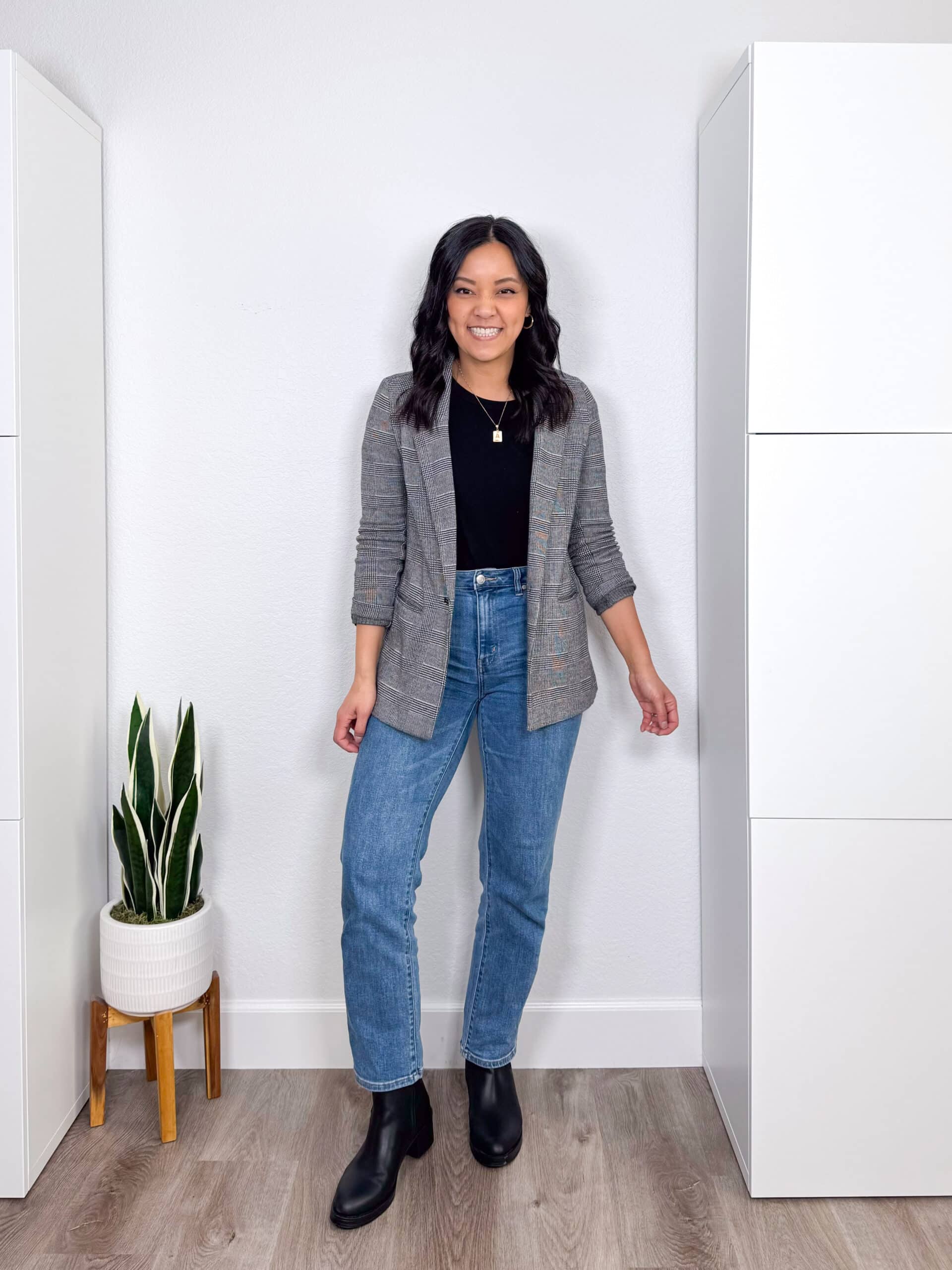 Plaid Blazer with a Black Tee and Straight Jeans cute jeans outfit
