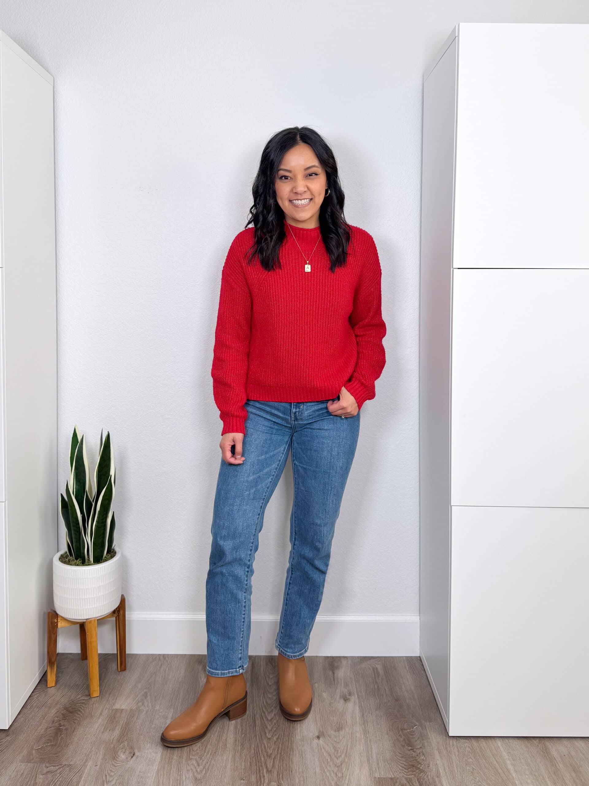 Red Sweater with Straight Jeans and Brown Boots cute jeans outfit