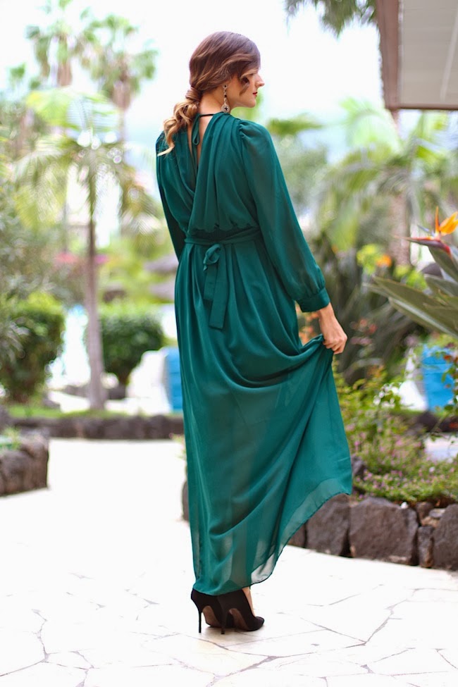 Emerald Chiffon Maxi Dress With Long Sleeves and a Tie Waist dinner dress