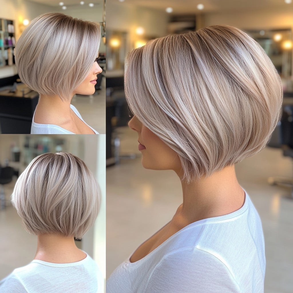 Icy blonde stacked chin length bob