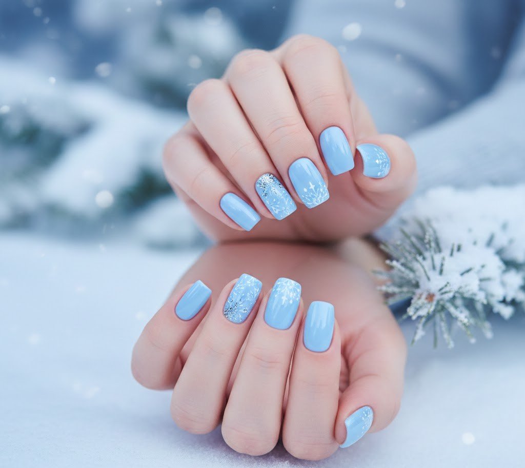 Ice Blue Shimmer winter nail manicure
