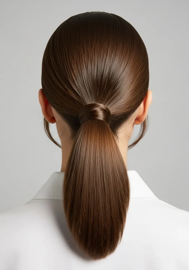 Low ponytail in copper brown hair