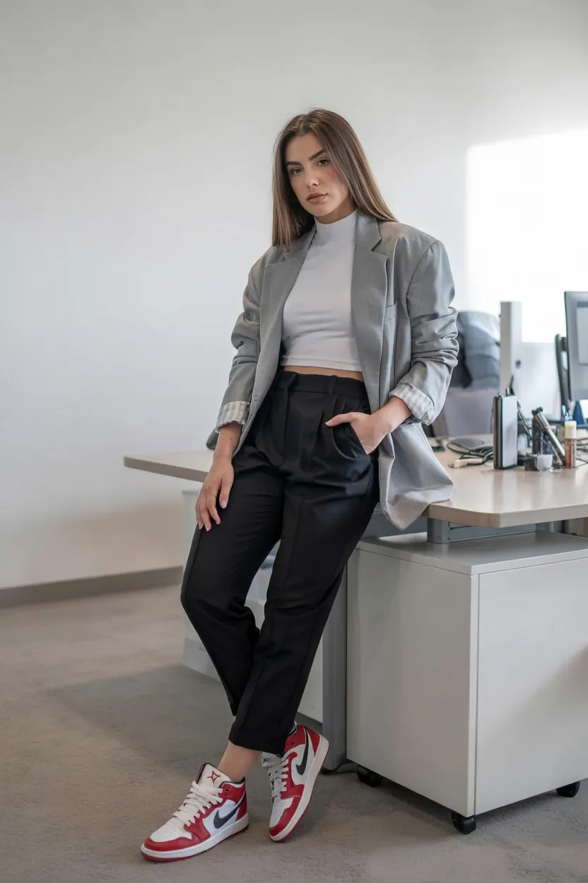 Grey Blazer, Cropped Top and Tapered Black Trousers With Red Sneakers smart casual outfit