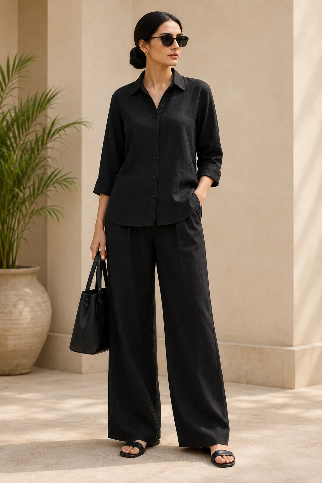 Black Linen Co-Ord Set with Wide-Leg Trousers Japanese outfit