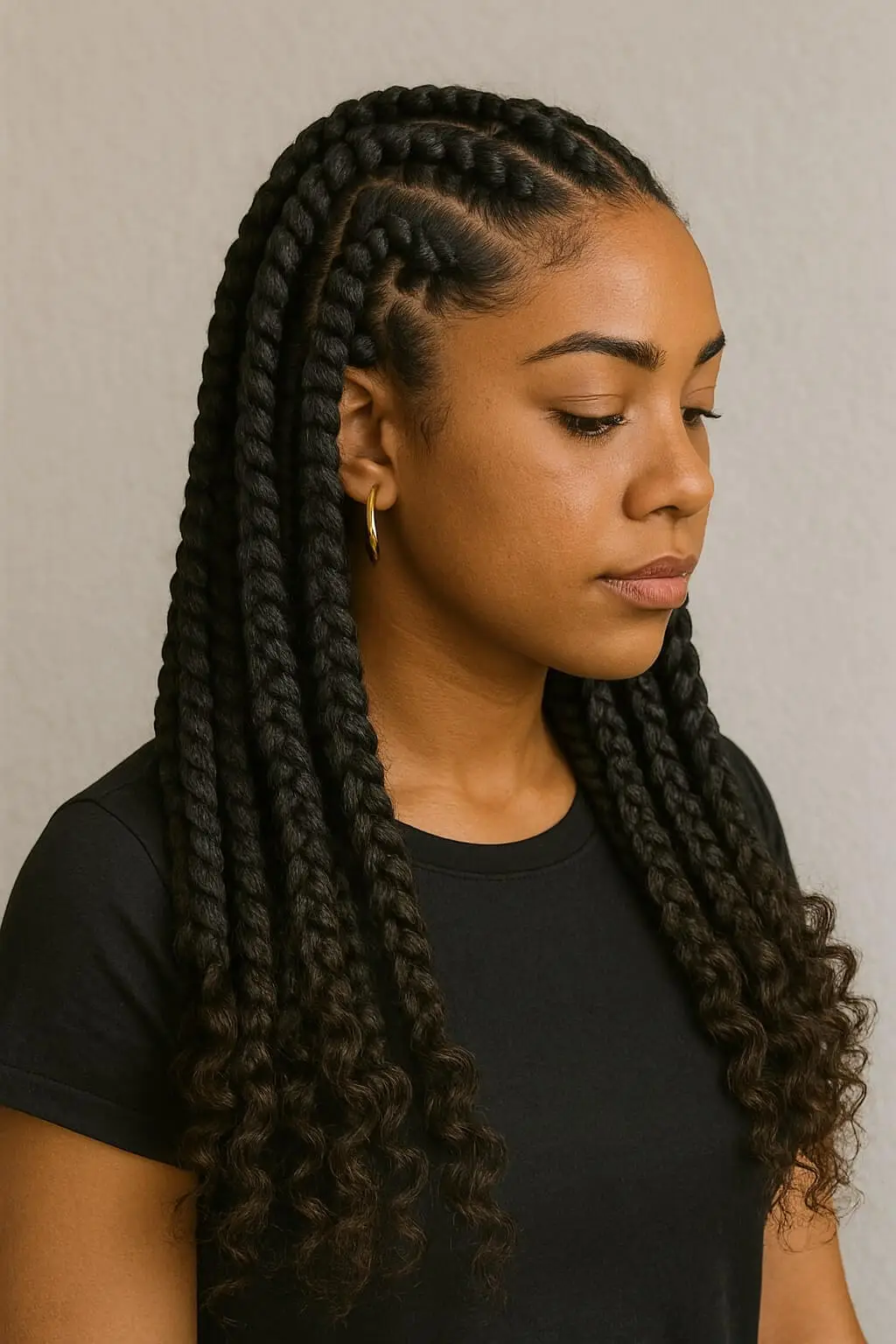 Jumbo box braids with curly ends hairstyle