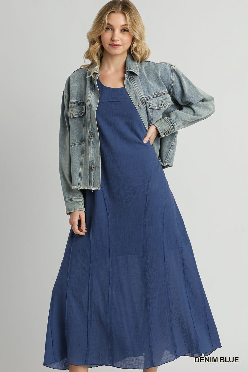 Navy Maxi Dress Layered Under a Light Denim Jacket casual date night outfit