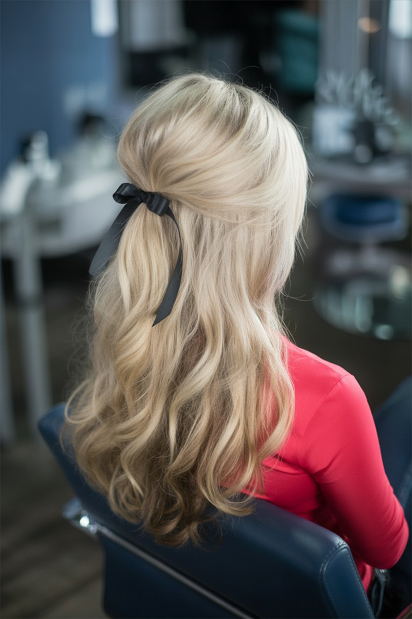 Platinum Waves With a Dark Ribbon Bow winter hair trend
