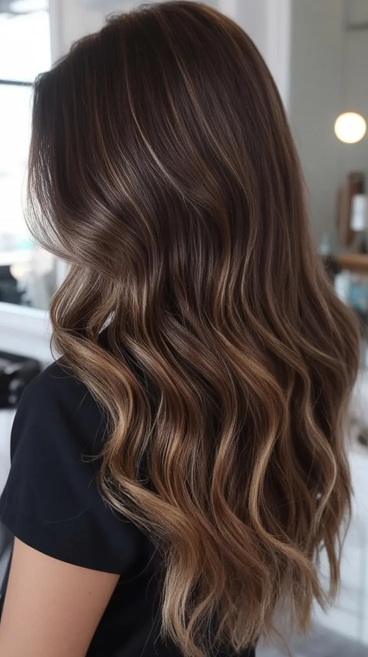 Melted mocha balayage on glossy long hair