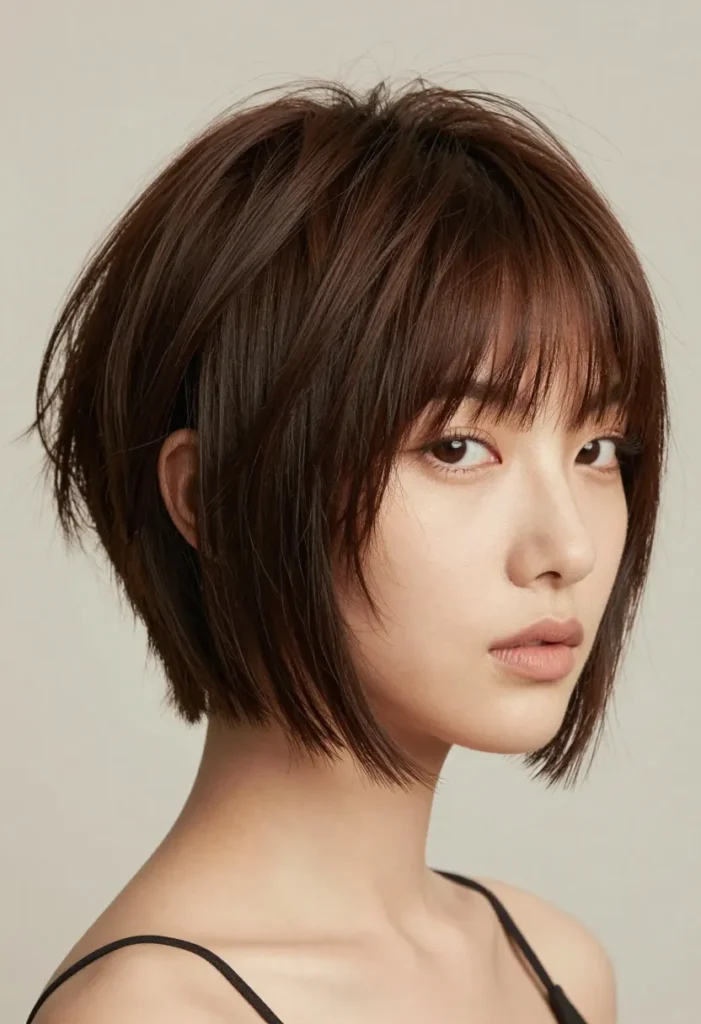 Short pixie bob in dark brown with side bangs low maintenance haircut