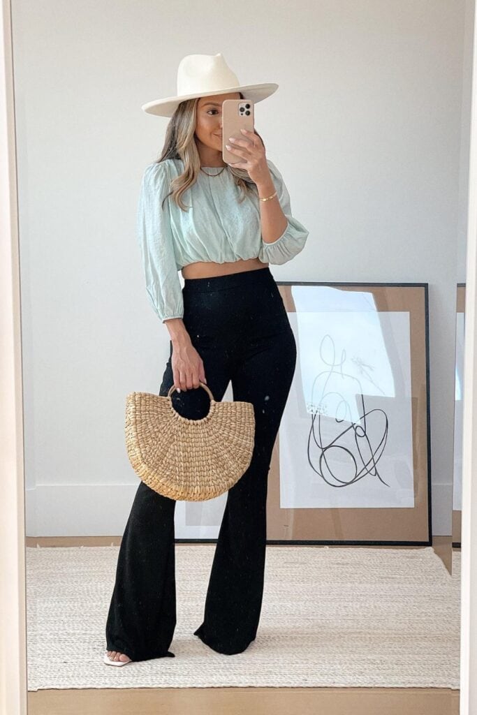 Cropped Blouse with Black Flare Leggings flare leggings outfit
