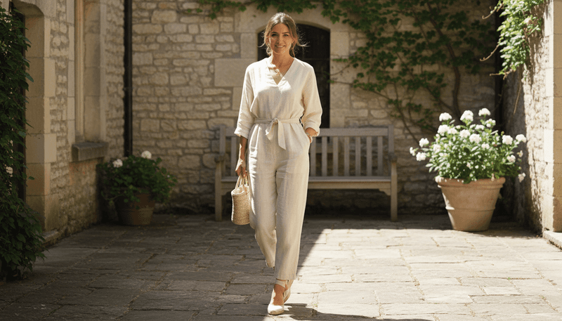 Neutral linen jumpsuit styled simply for summer