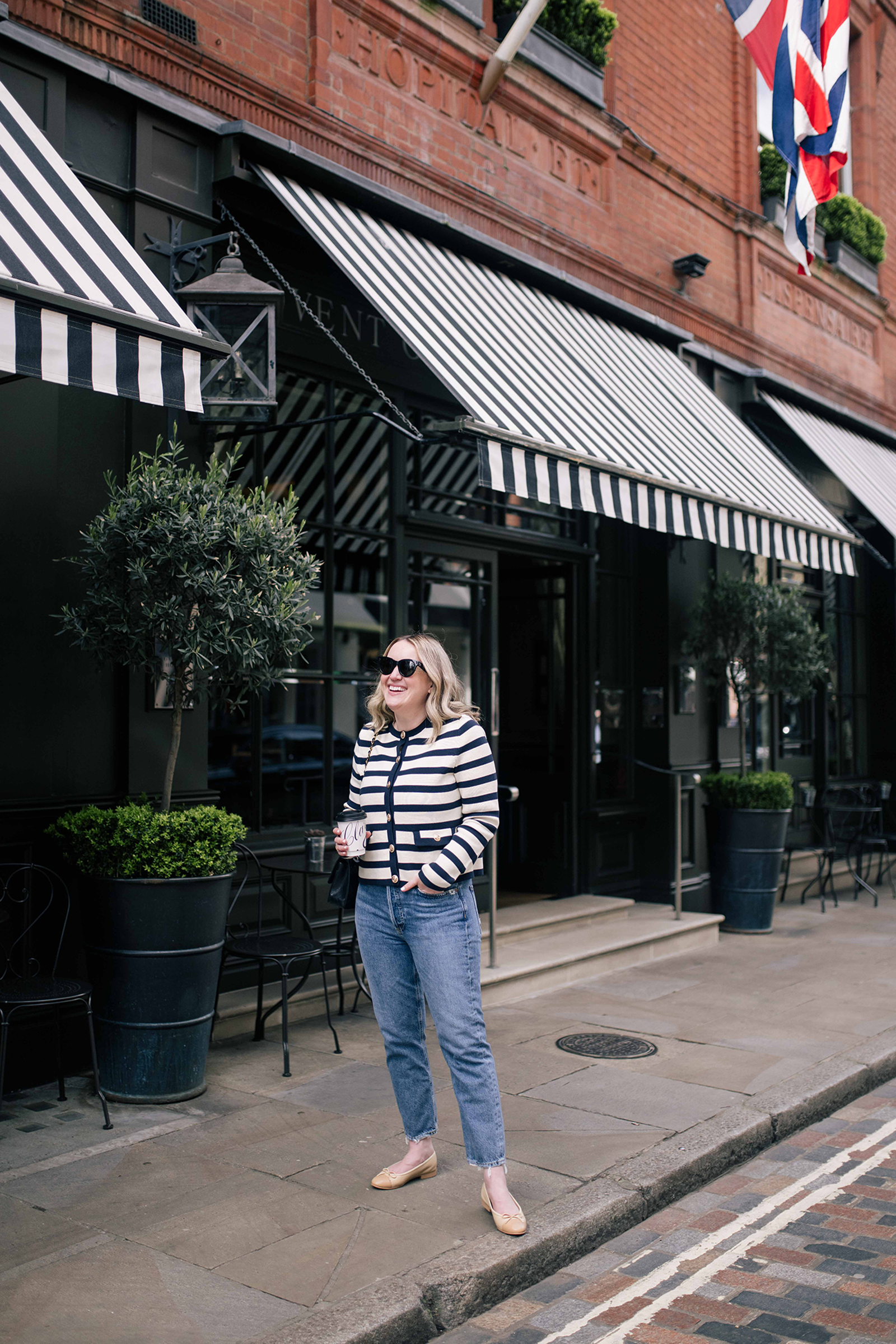 Striped top with denim and ballet flats London outfit