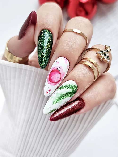 Long Almond Nails with Glitter and Tree Art green christmas nail design