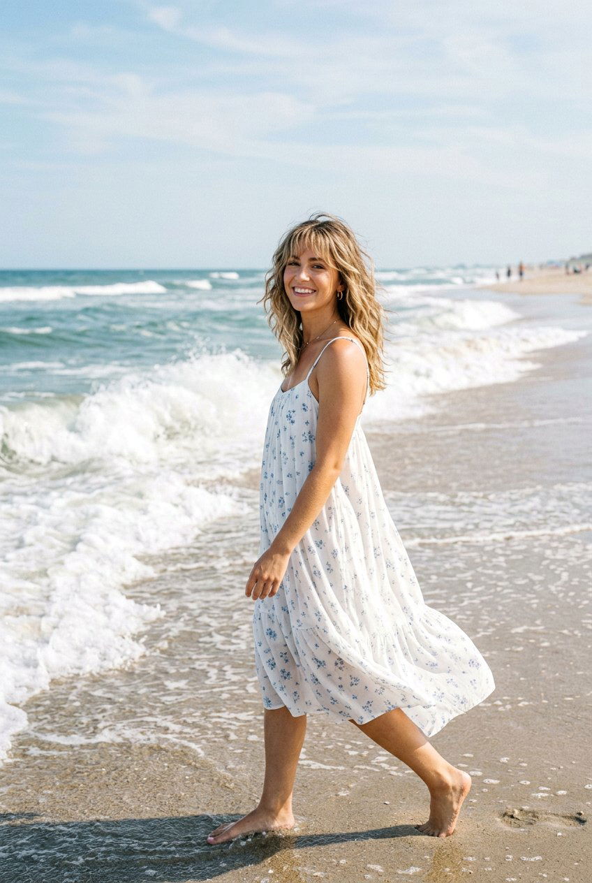 Medium beach waves with wispy feathered bangs