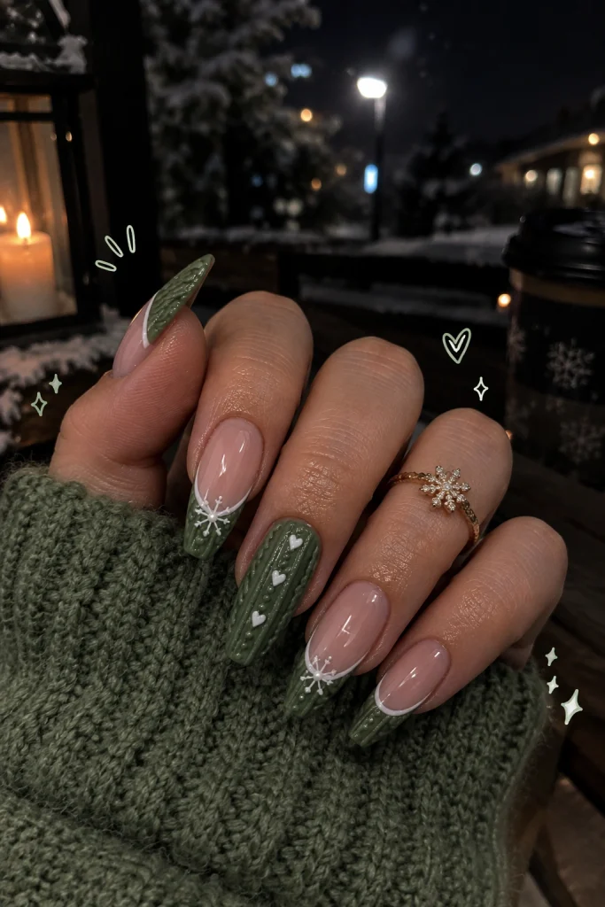 Micro Cable-Knit French Tips in Green and Blush sweater nail art design