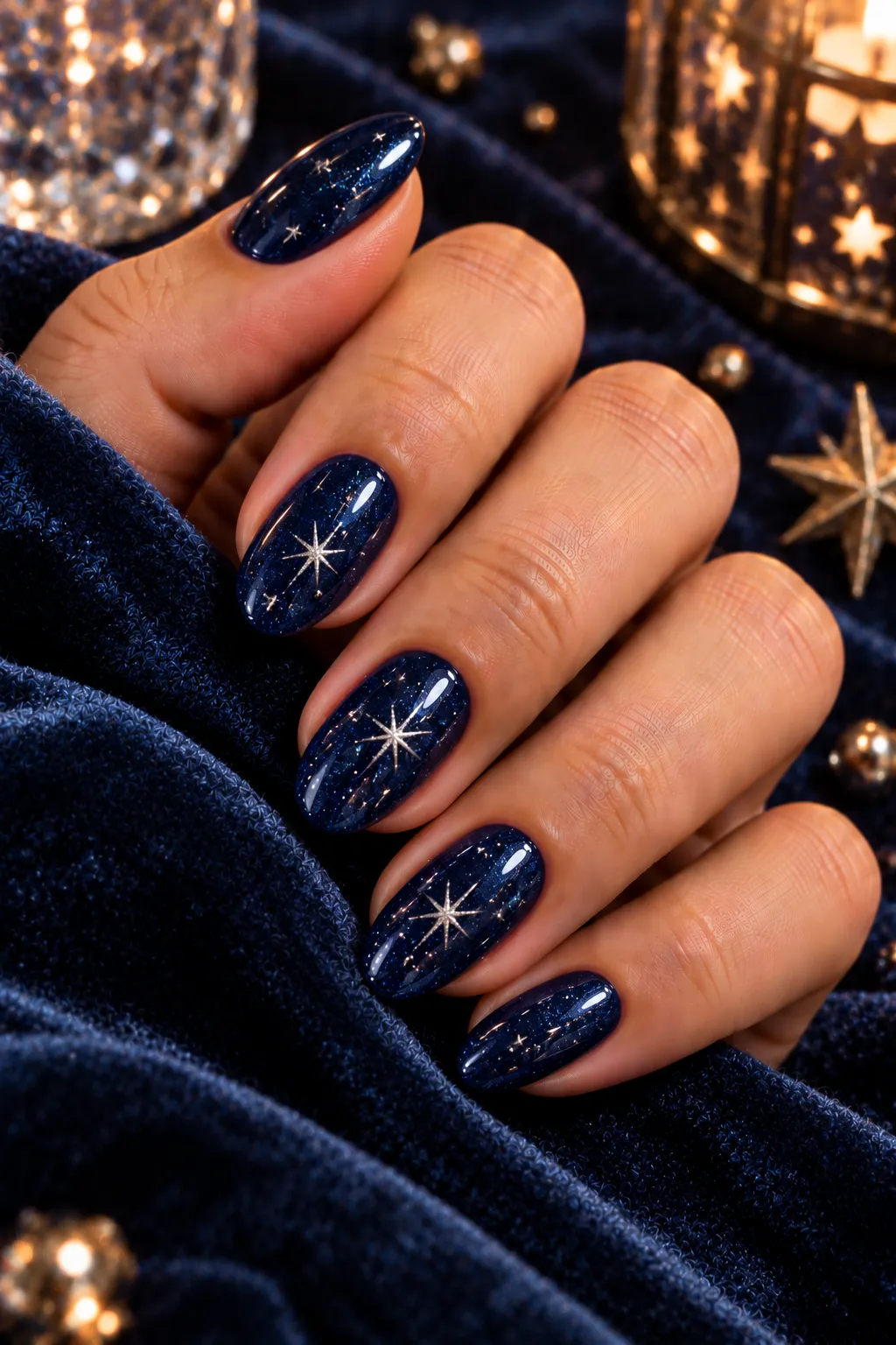 Midnight Blue Almond Nails with Silver Stars almond winter nail design