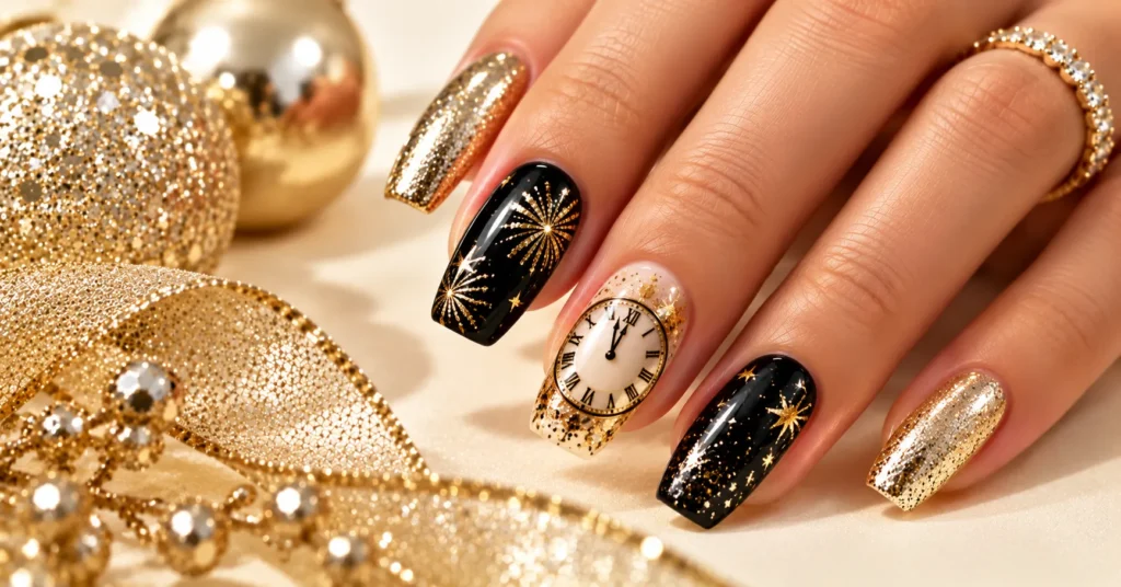 A Miniature Clock Accent for Midnight simple new years nails design