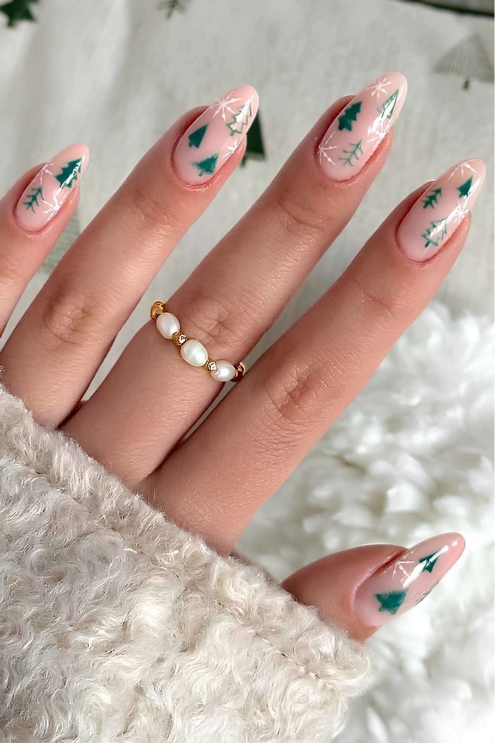 Micro Trees on Milky White Nails green christmas nail design