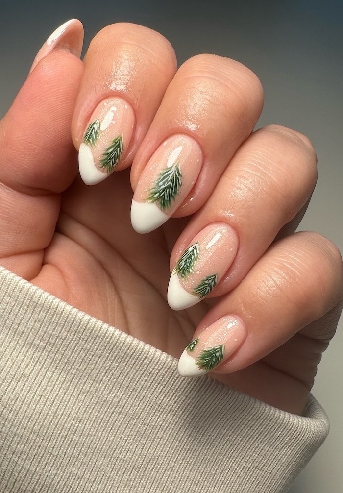 Milky French Tips with Tiny Pine Trees neutral Christmas nail design